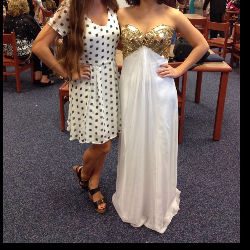 Gold Beaded and White Strapless Prom Dress XS